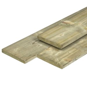 Grenen plank 1,5 x 14,0 x 400 cm, vers, groen geïmpregneerd, geschaafd, 4 ronde hoeken