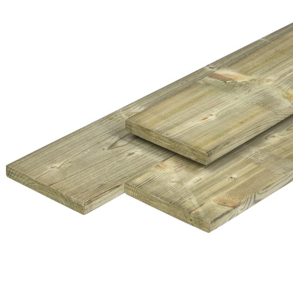 Grenen plank 1,5 x 14,0 x 400 cm, vers, groen geïmpregneerd, geschaafd, 4 ronde hoeken