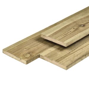 Grenen plank 1,6 x 14,0 x 270 cm, vers, groen geïmpregneerd, geschaafd, 4 ronde hoeken