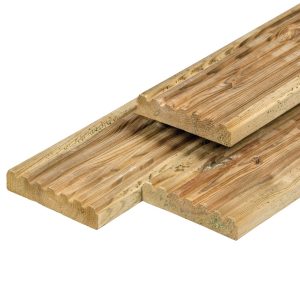 Grenen vlonderplank 2,8 x 14,0 x 400 cm, vers, groen geïmpregneerd, geschaafd, 1 zijde 8 groeven