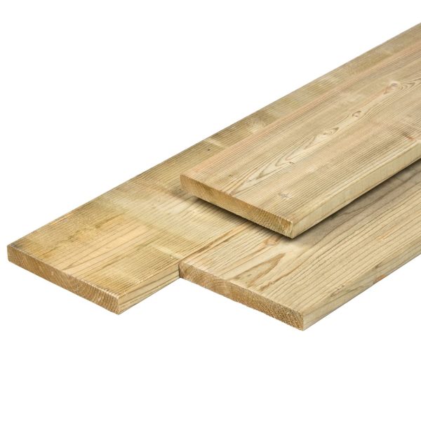 NE vuren plank 1,9 x 14,5 x 240 cm, vers, groen geïmpregneerd, geschaafd, 4 ronde hoeken