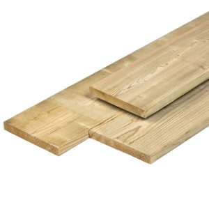 NE vuren plank 1,9 x 14,5 x 510 cm, vers, groen geïmpregneerd, geschaafd, 4 ronde hoeken
