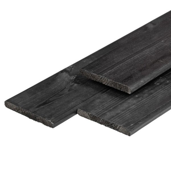 Grenen plank 1,6 x 14,0 x 300 cm, vers, zwart gespoten, geschaafd, 4 ronde hoeken
