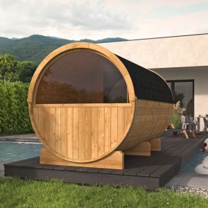 Saunabarrel | Ø205 x 350 cm | 42 mm | Thermowood | met ½ panorama raam