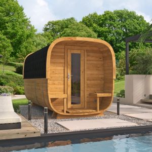 Sauna cube Rovaniemi 390 cm | 42 mm | Thermowood | met ½ panorama raam