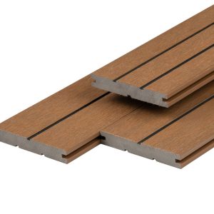 PuraDock composiet vlonderplank 2,2 x 14,6 x 290 cm, teak, massief, 1 zijde 1 groef, 1 zijde 2 groeven, fijne houtnerf, clip systeem