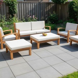 Teak modulaire lounge set Tambora – Bijzettafel/Hocker incl. kussen en glasplaat – 80 x 80 x H30/40cm